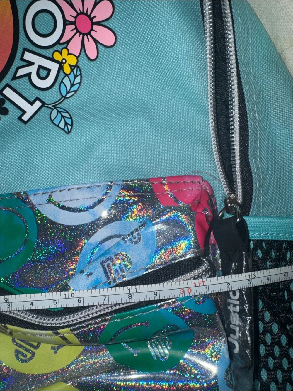 Justice Teal Multicolor Smiley Daisy Holographic Backpack